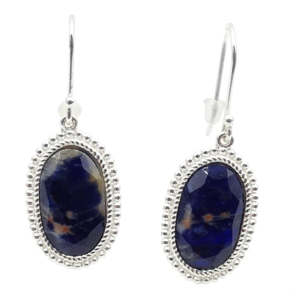 925 Sterling Silver Sodalite Earrings FAS Thailand Drop Dangle Blue Oval Gem
